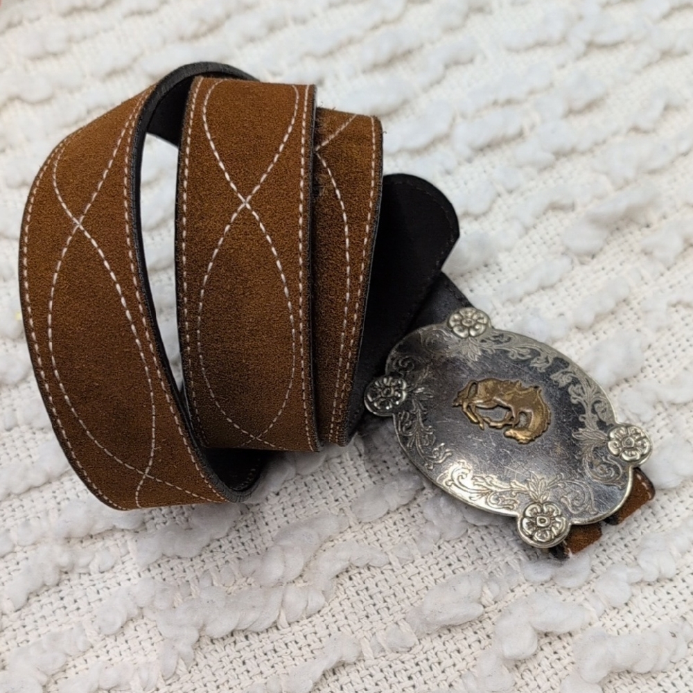 Vintage Western Cowboy Camel Leather Men's Belt Nickel Silver Bronco Buckle